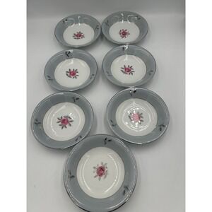 Seyei Bella Maria 2129 Fine China Fruit Bowls Set of 7 Japan Pink Rose Blue Rim‎